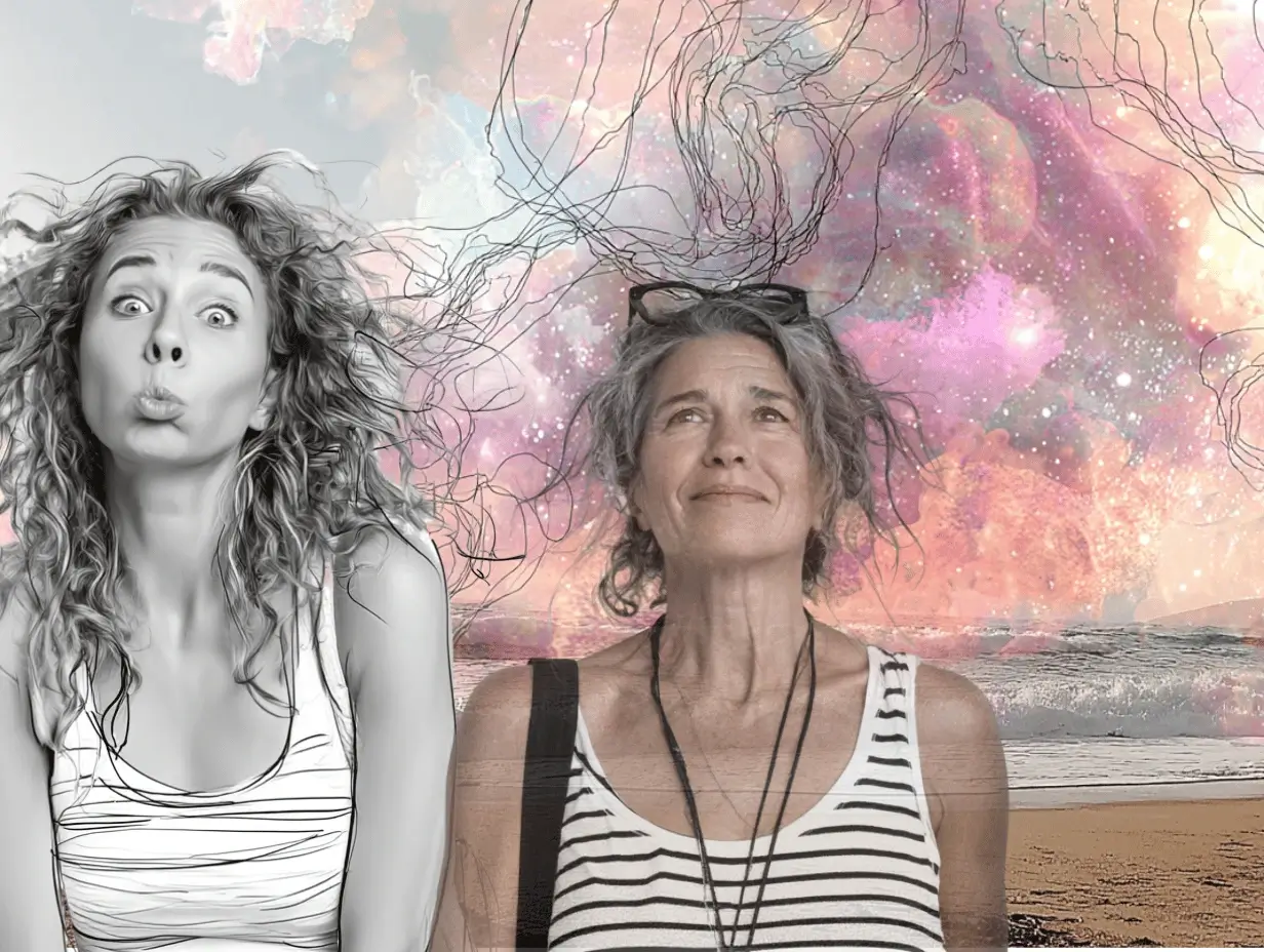 Artistic portrait of a smiling woman and child with sketch-like lines, sitting on a beach at sunset.