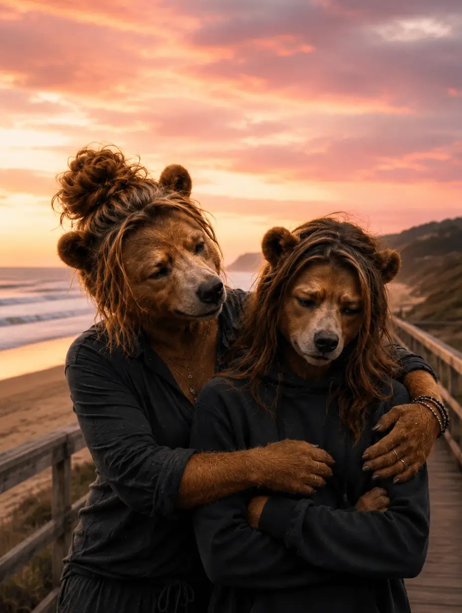 Artistic illustration of a woman and a young man with a hoodie touching foreheads with eyes closed against a serene background.