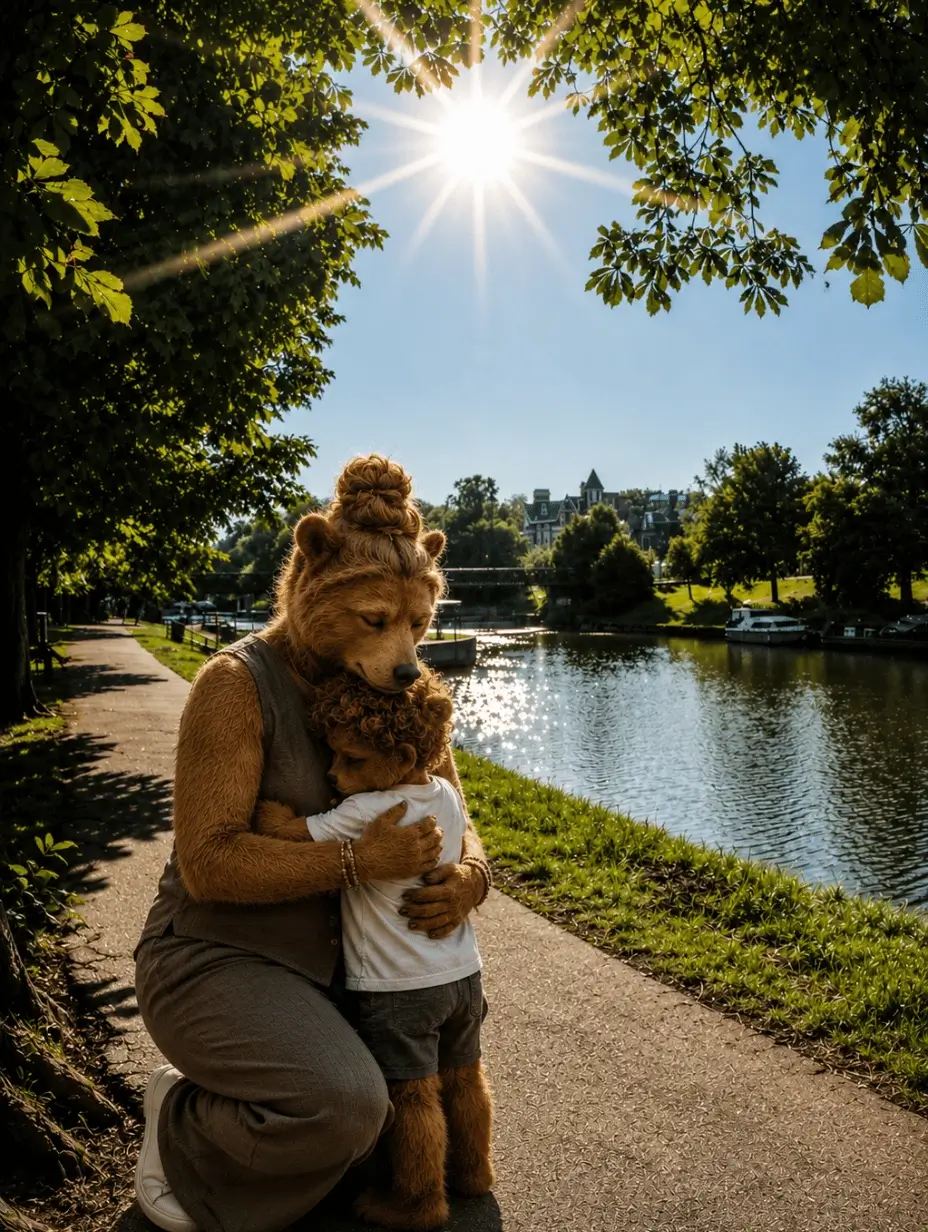 Artistic image of a mother and child embracing with a glowing light between them.