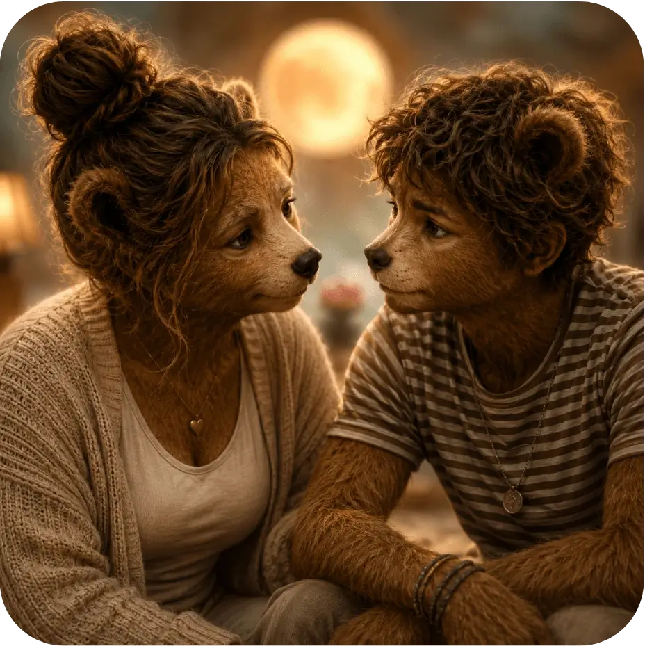 Illustration of a woman comforting a crying child under a glowing full moon in a colorful night sky.