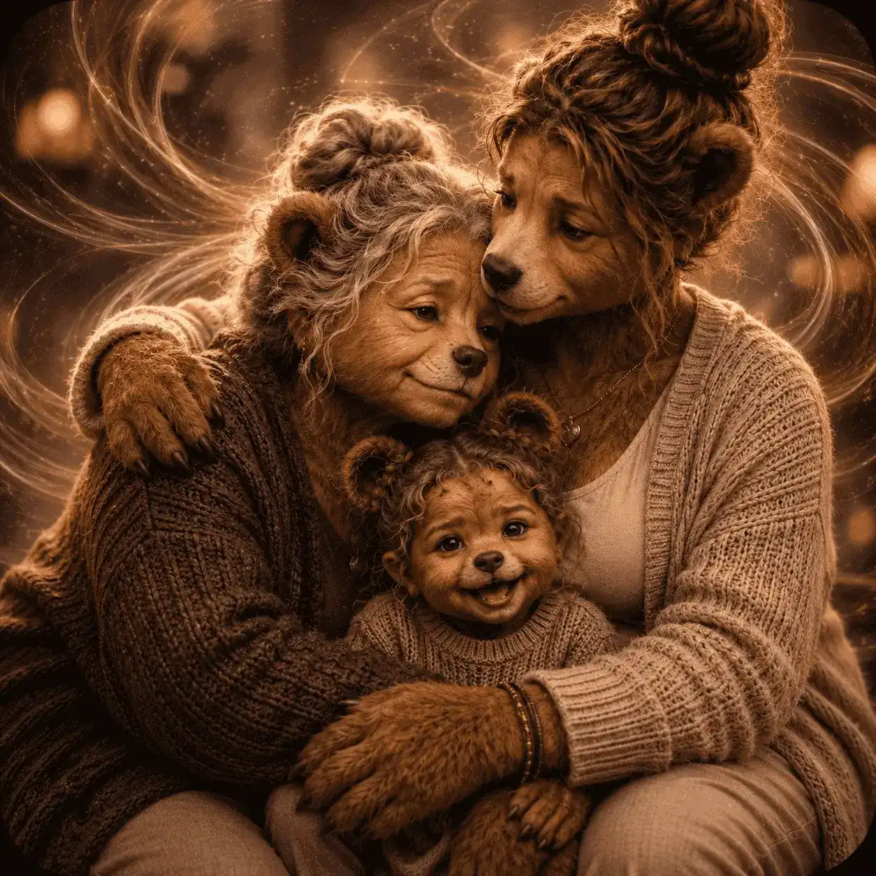 Artistic digital illustration of a woman kneeling and holding hands with a child, both with interconnected swirling lines around their heads against a pastel sky.