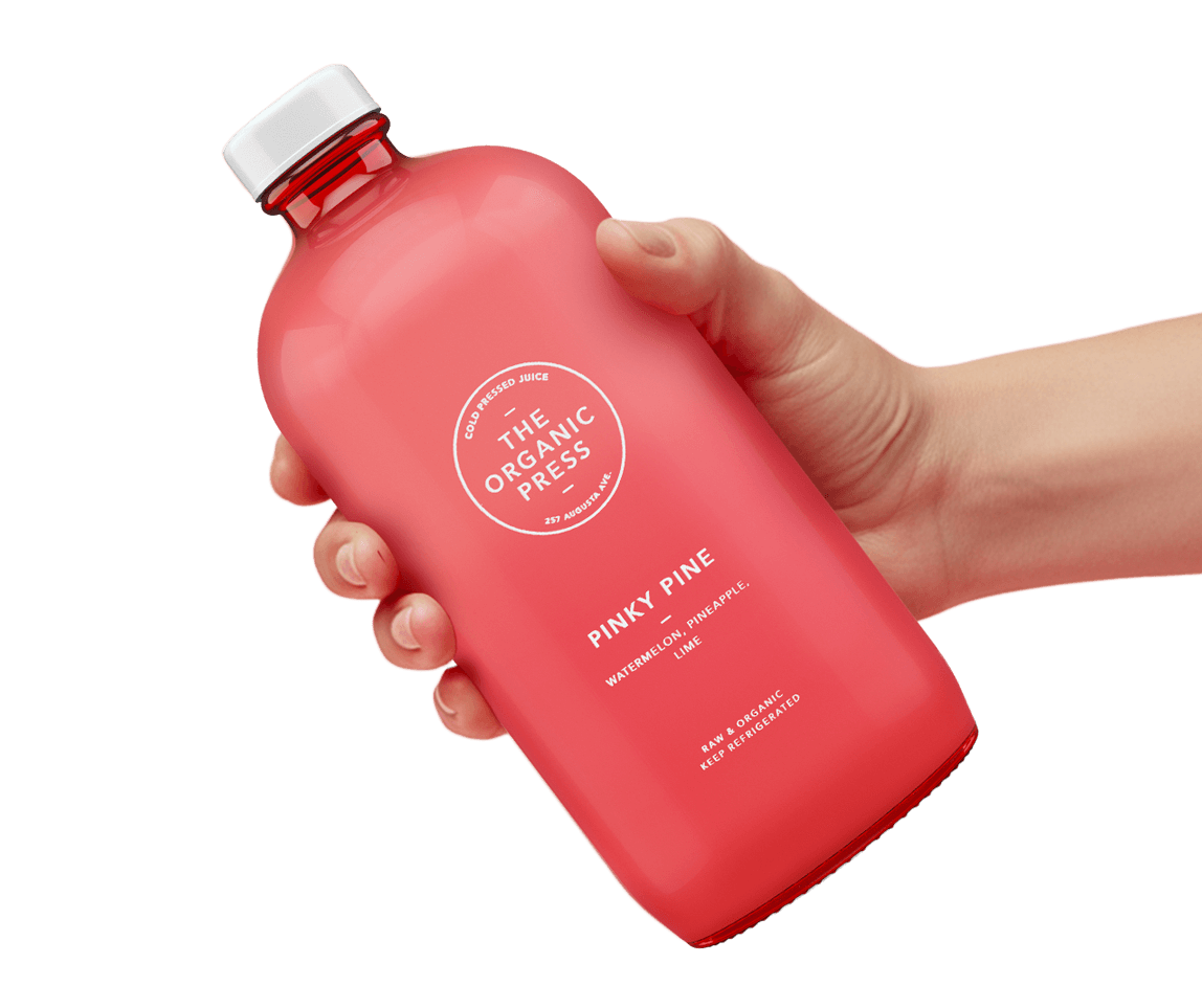 Hero main image of a hand holding a Pinky Pine smoothie bottle