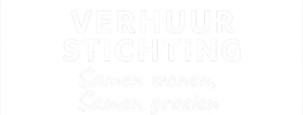 Logo van Verhuur Stichting met de tekst 'Samen wonen, Samen groeien' op zwarte achtergrond.