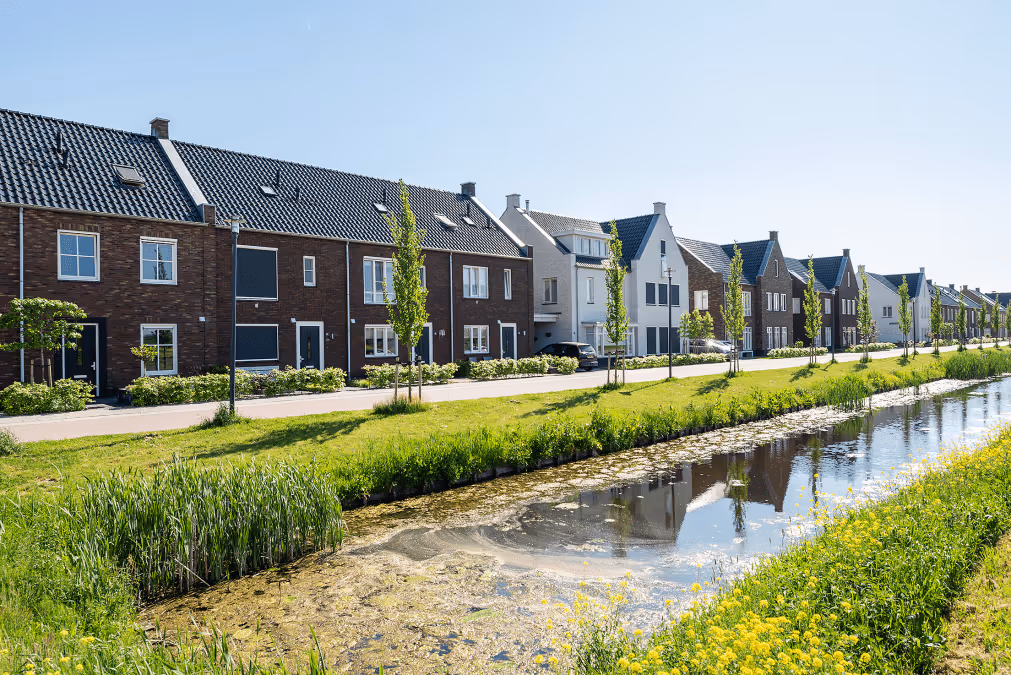 Rij moderne woonhuizen langs een kanaal met groen en gele bloemen onder een heldere blauwe lucht.