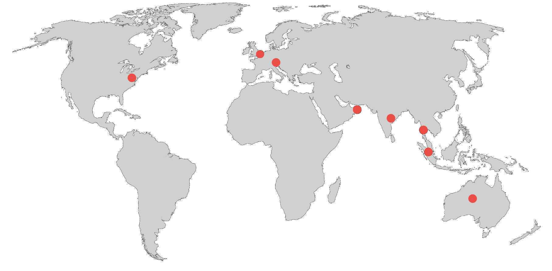 World map with HeyAmos agencies across North America, the UK, Europe, the UAE, India, Southeast Asia, Singapore and Australia