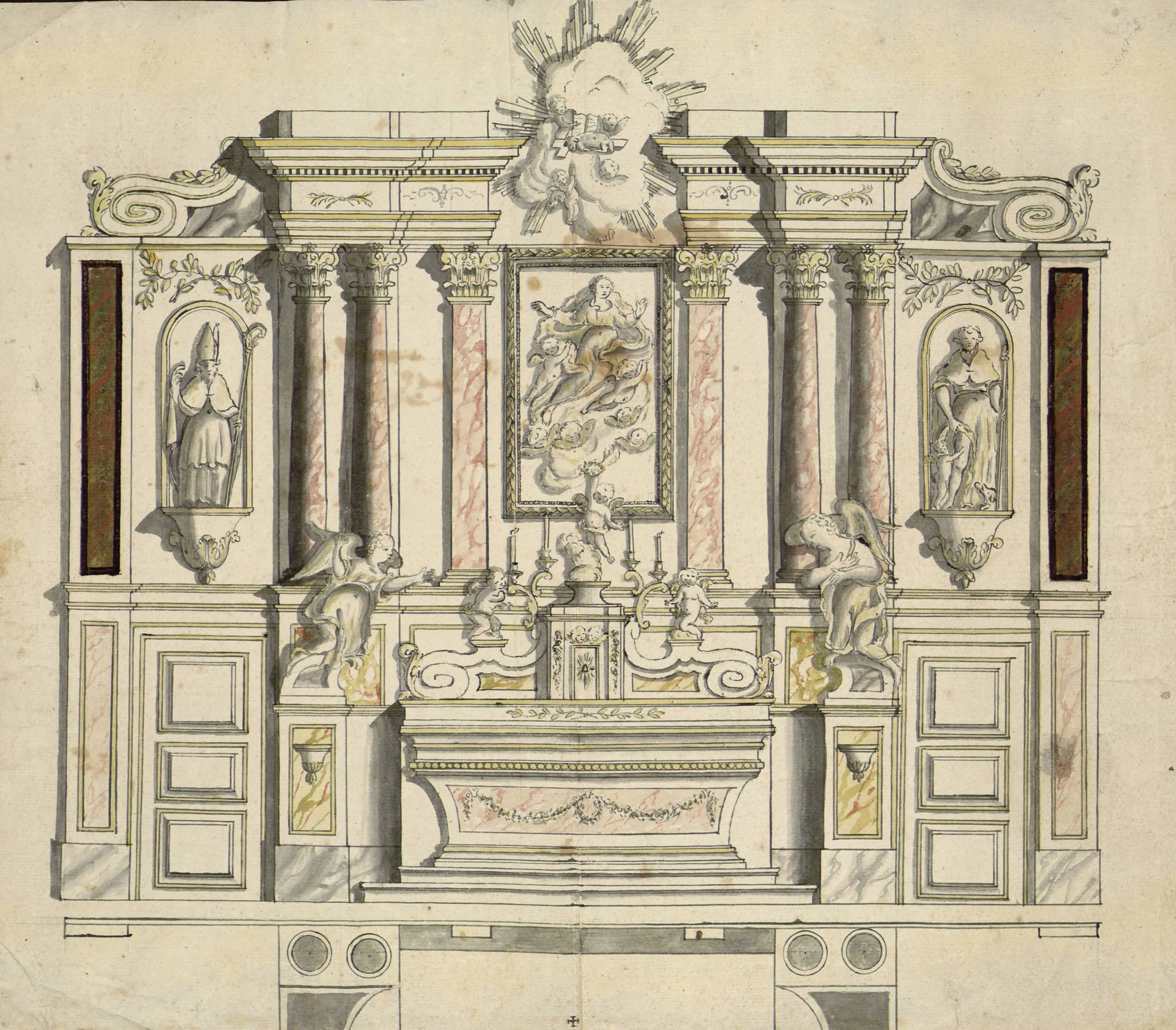 Dessin d'un retable baroque avec colonnes, statues d'anges, sculptures sacrées et décor sculpté.