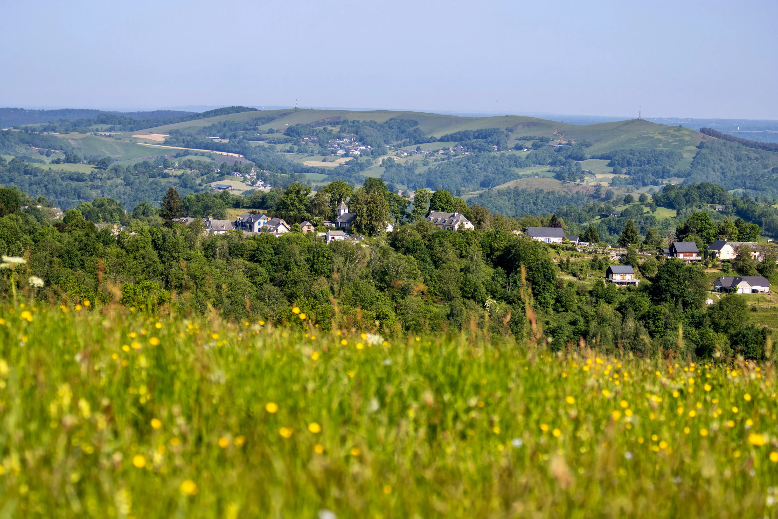 Village entouré d'arbres avec champs fleuris au premier plan et collines verdoyantes en arrière-plan.