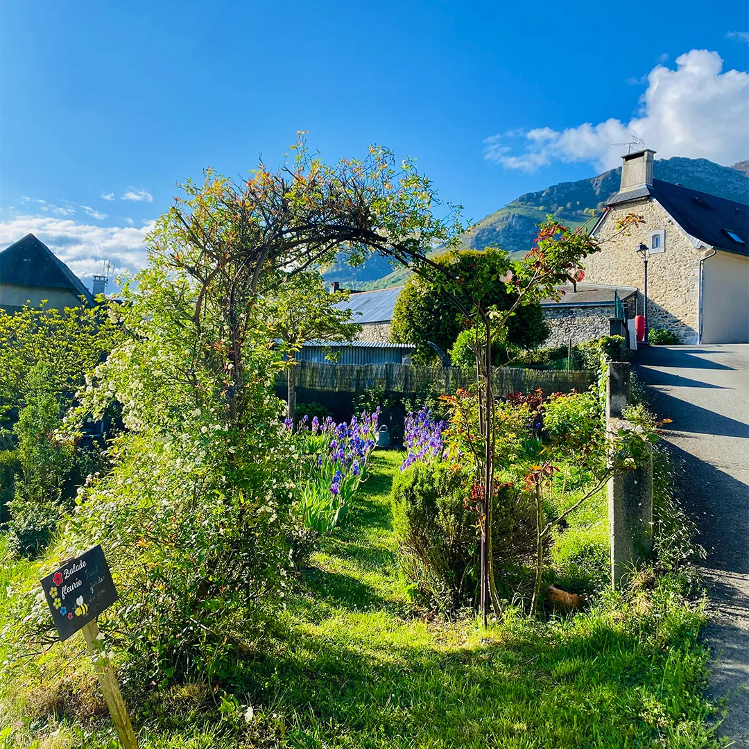 Allée fleurie avec arche de verdure, fleurs violettes, maison en pierre et montagne en arrière-plan.