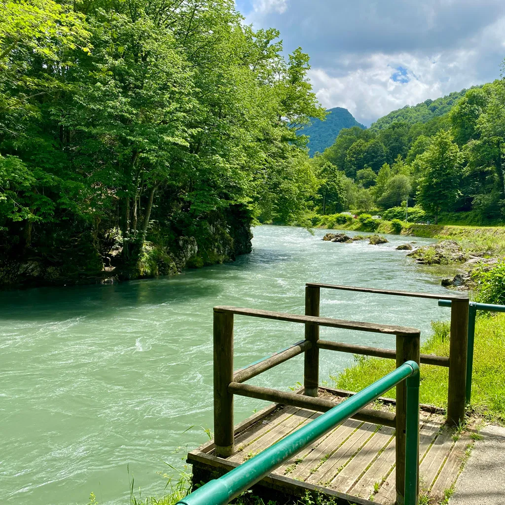 Embarcadère en bois le long d'une rivière turquoise entourée d'arbres verts lumineux et de collines.