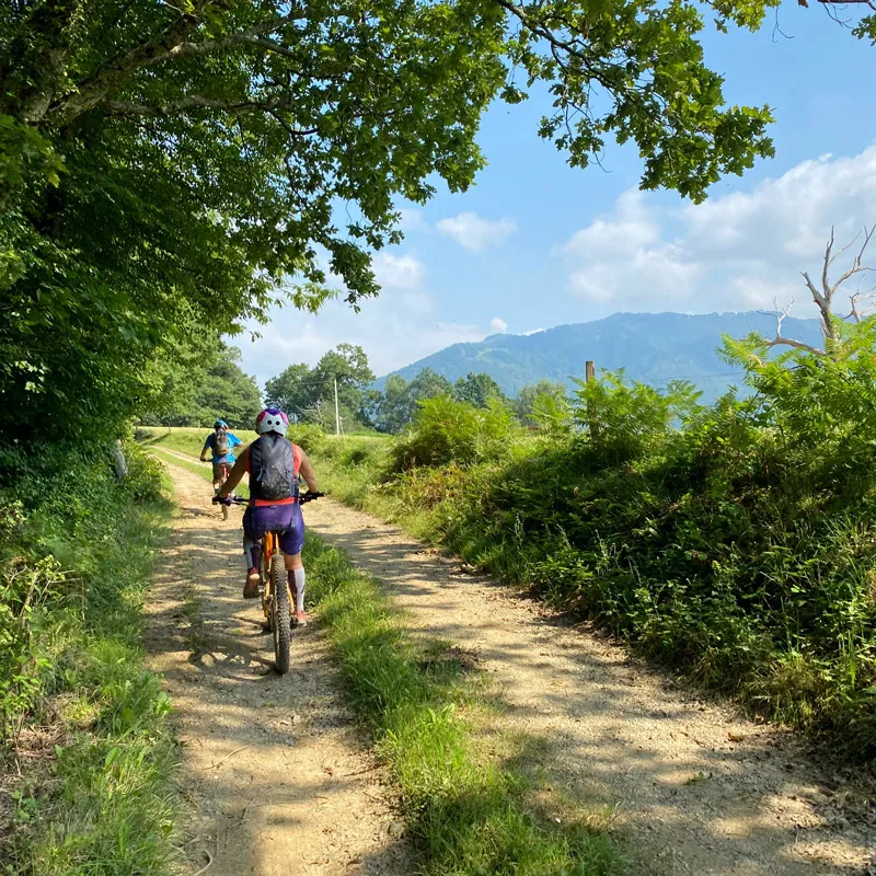 Deux cyclistes portant un casque sur un chemin de terre entouré de verdure et de montagnes au loin.