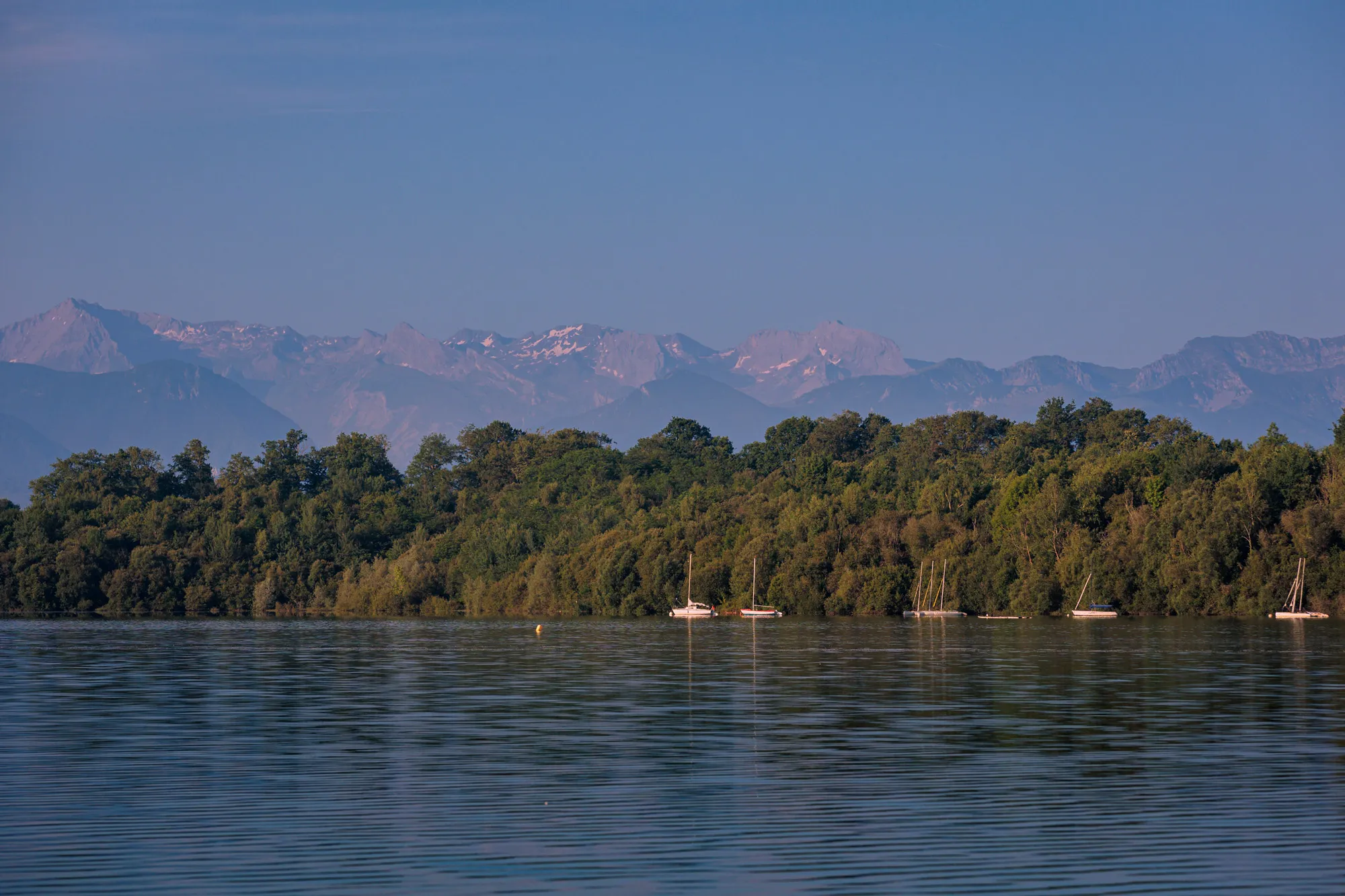 Rivière calme avec des voiliers au bord des arbres et des montagnes avec de la neige en arrière-plan.