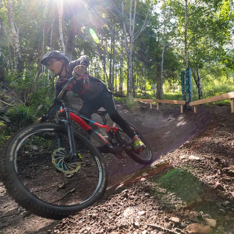 Un cycliste en VTT descend un sentier en forêt sous un fort éclairage du soleil.