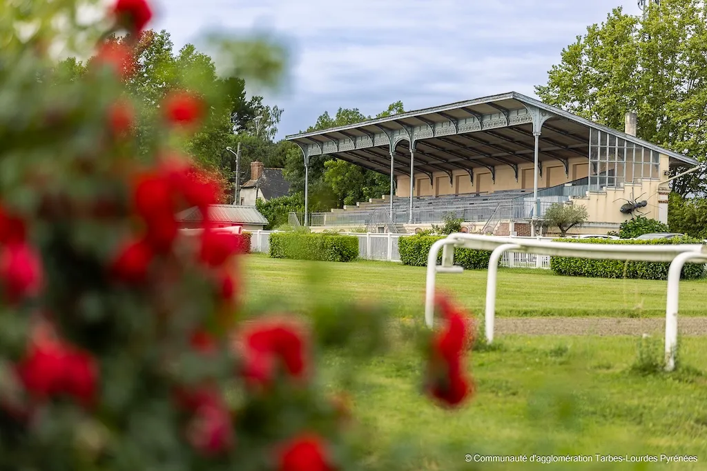 Tribune vide dans un parc avec des roses rouges floues au premier plan et un ciel nuageux.