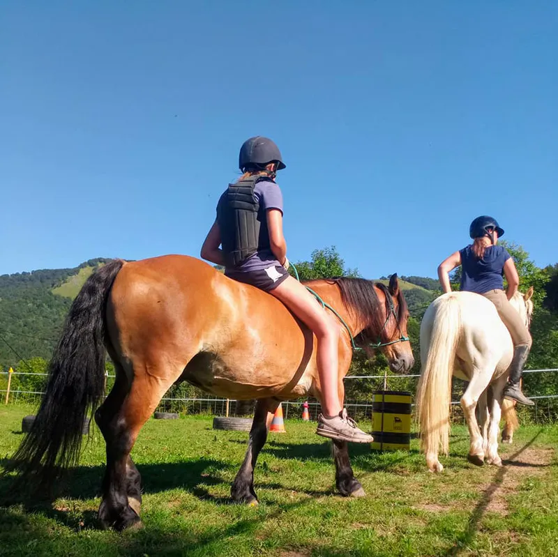Deux enfants portant un casque font de l'équitation sur un cheval brun et un poney blanc en plein air.