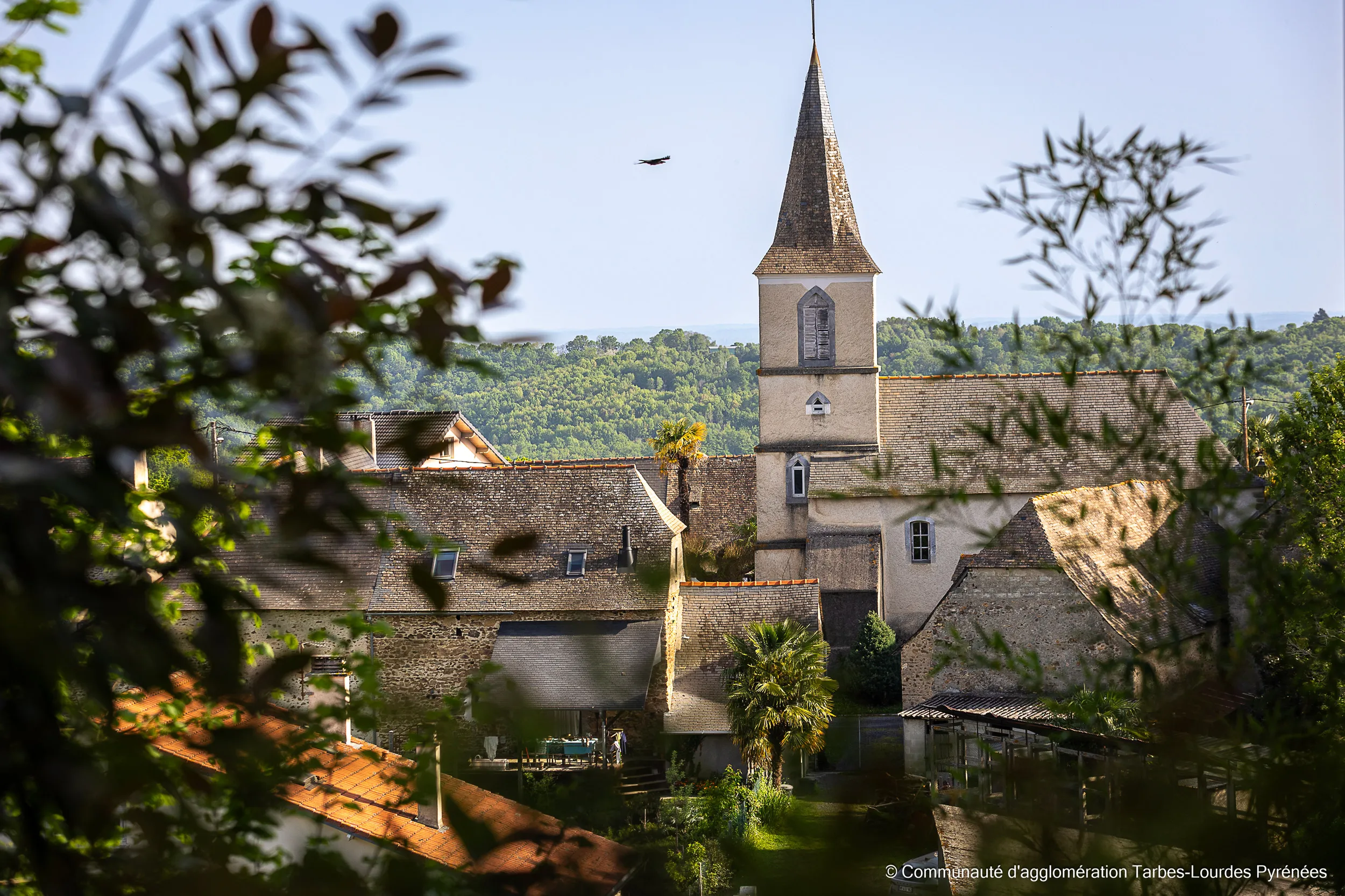 Vue d'un village avec une église au clocher pointu entourée d’arbres verts et de maisons en pierre.
