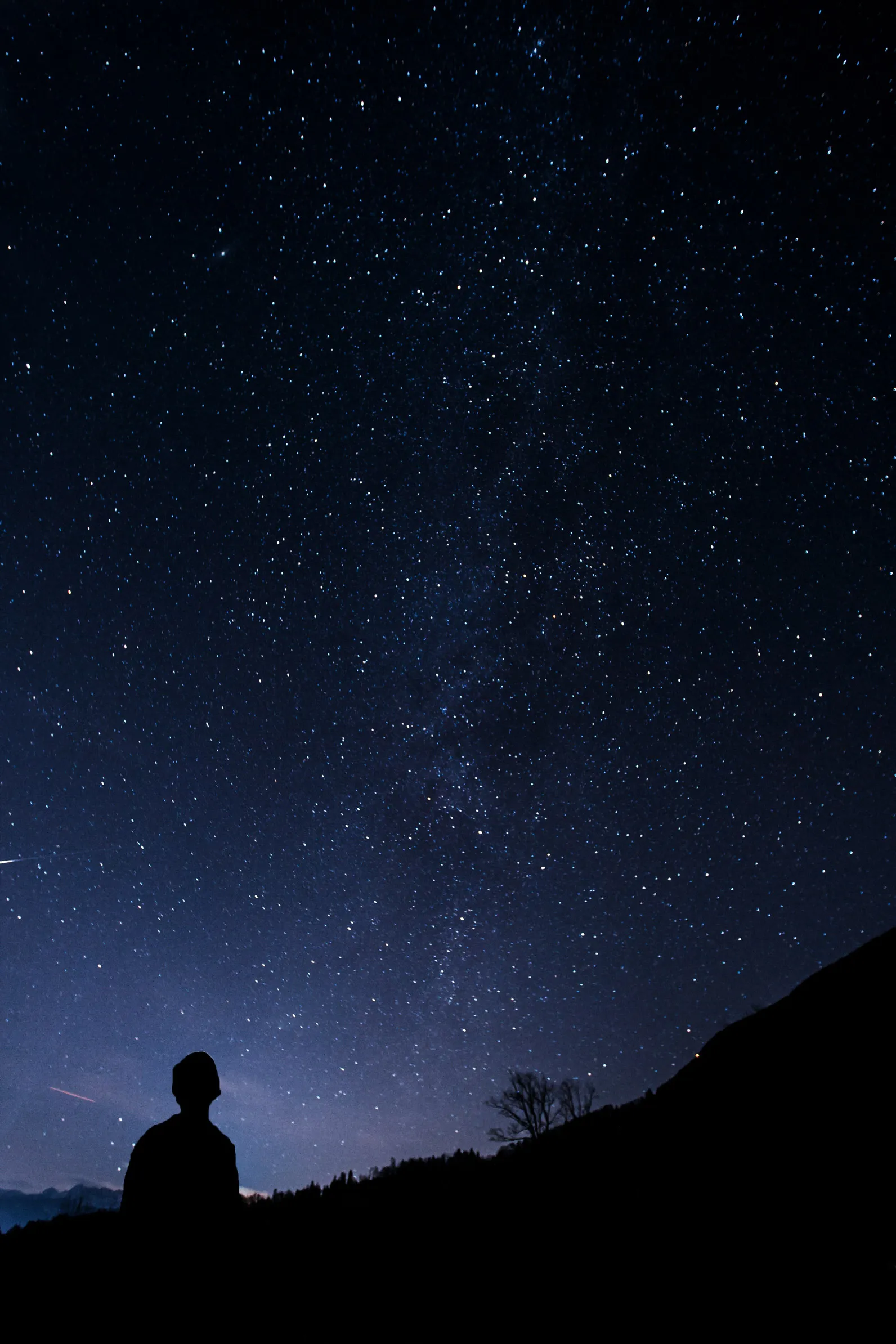 Silhouette d'une personne regardant un ciel étoilé avec la Voie lactée visible.