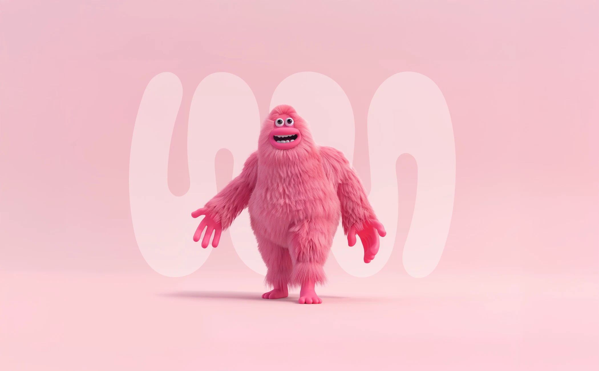 Pink furry cartoon character with big eyes and wide smile standing in front of white letters on a pale pink background.