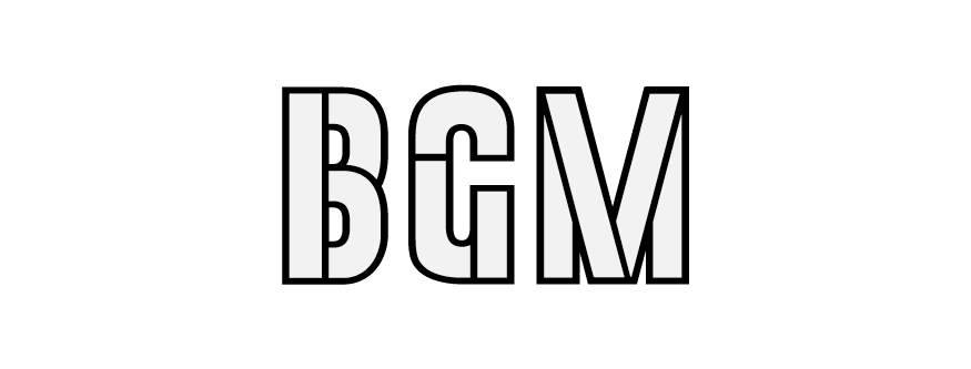 Logo with stylized letters B, C, and M in overlapping design with black outlines and gray fill.