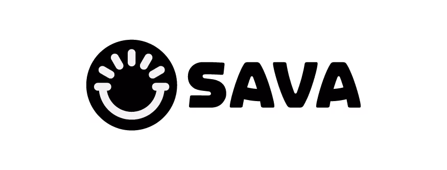 SAVA logo featuring a stylized smiling face inside a circle to the left of the word SAVA in bold uppercase letters.