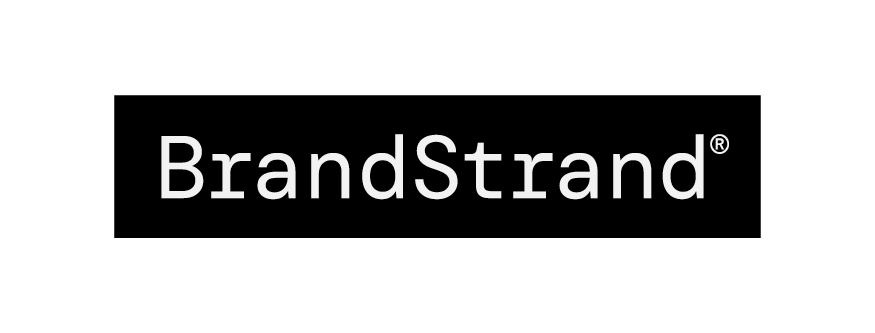 BrandStrand logo text in white on a black rectangular background.