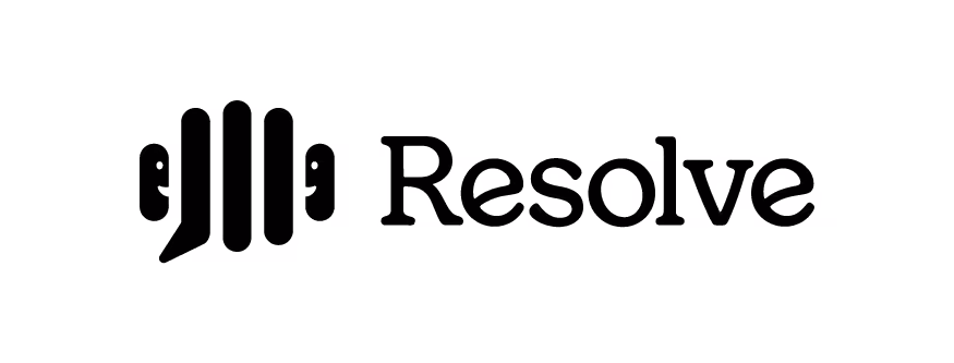 Black stylized speech bubbles with vertical bars next to the word Resolve in black text.
