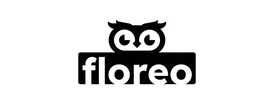Black and white logo of the word 'floreo' with stylized owl eyes and beak above the text.