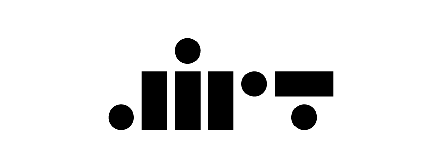 Black abstract geometric shapes arranged horizontally on a white background.