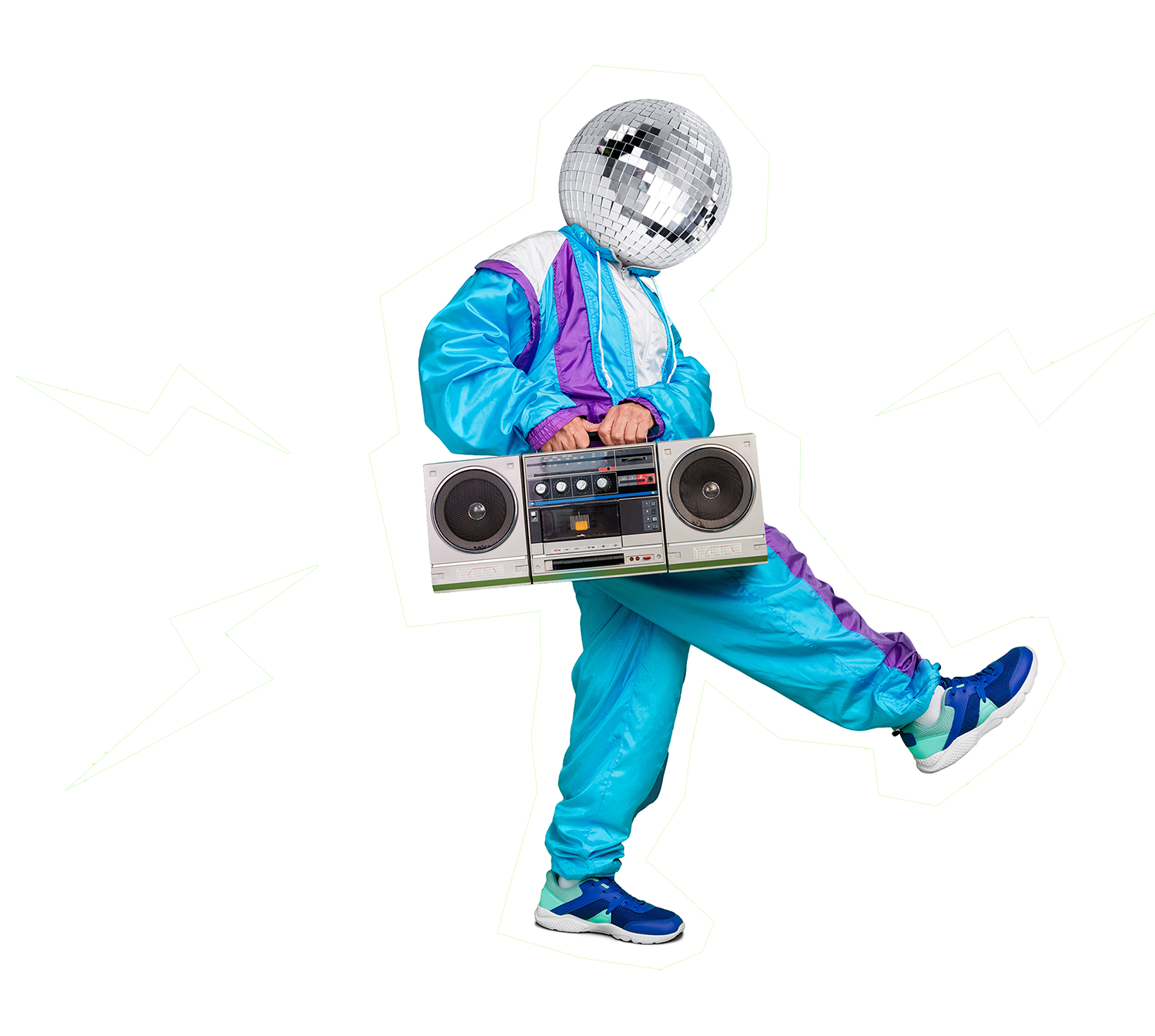 Person in a retro blue and purple tracksuit with a disco ball head holding a boombox while kicking one leg up.