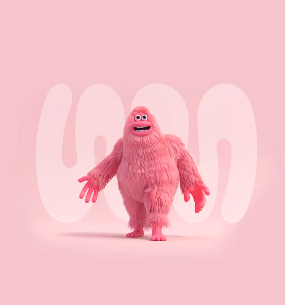 Cute pink furry monster with big eyes and open mouth standing against a light pink background with abstract shapes.