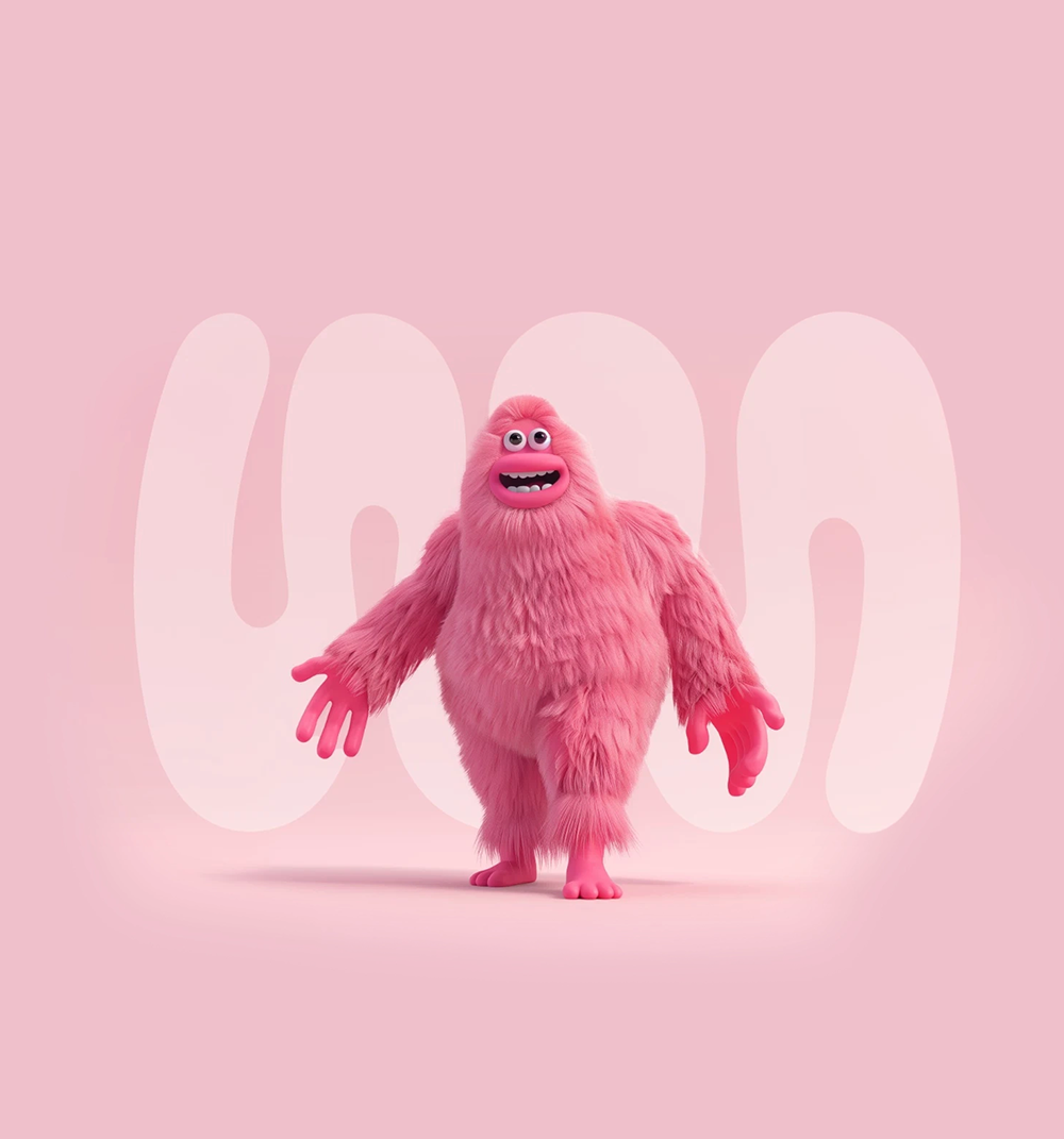 Cute pink furry monster with big eyes and open mouth standing against a light pink background with abstract shapes.