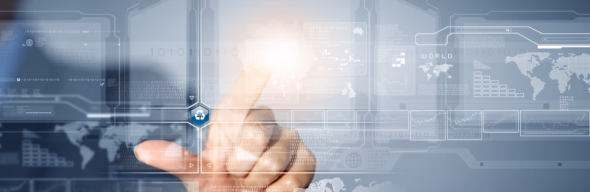 Close-up of a hand touching a digital interface with global maps, data charts, and binary code overlays.