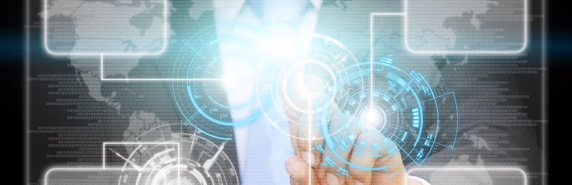 Person interacting with a futuristic digital interface displaying circular data and binary code overlays.