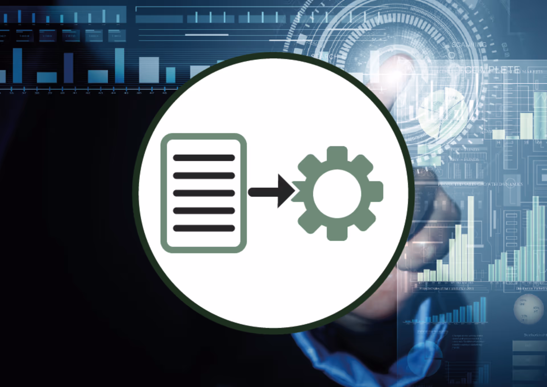 Hand pointing to a circular icon showing a document and gear symbolizing process automation or workflow.