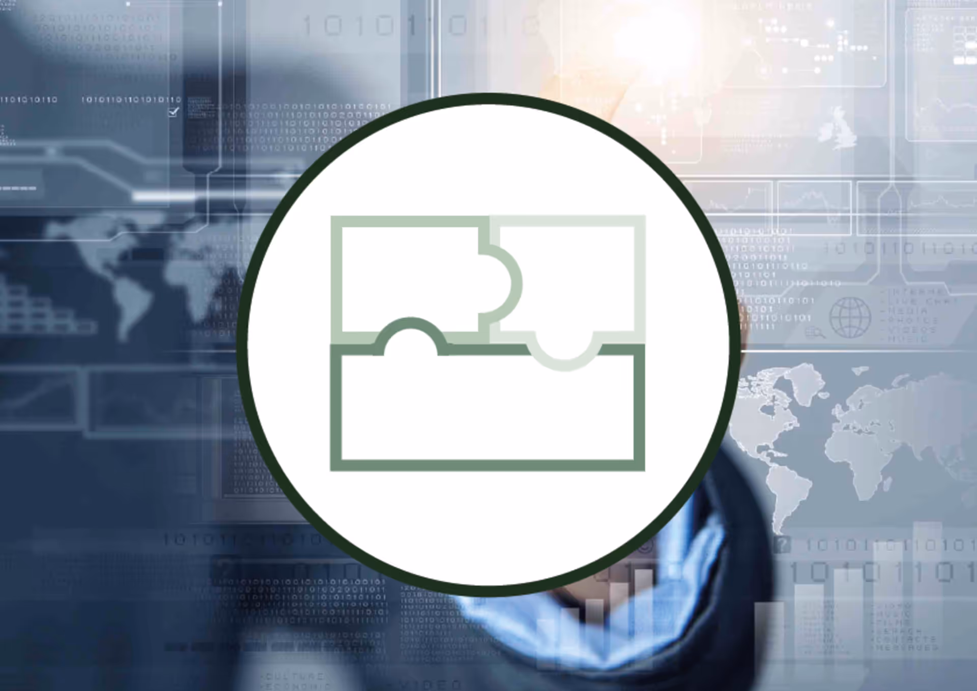 Hand pointing at a floating icon of three interlocking puzzle pieces with digital world map and binary codes in the blurred background.
