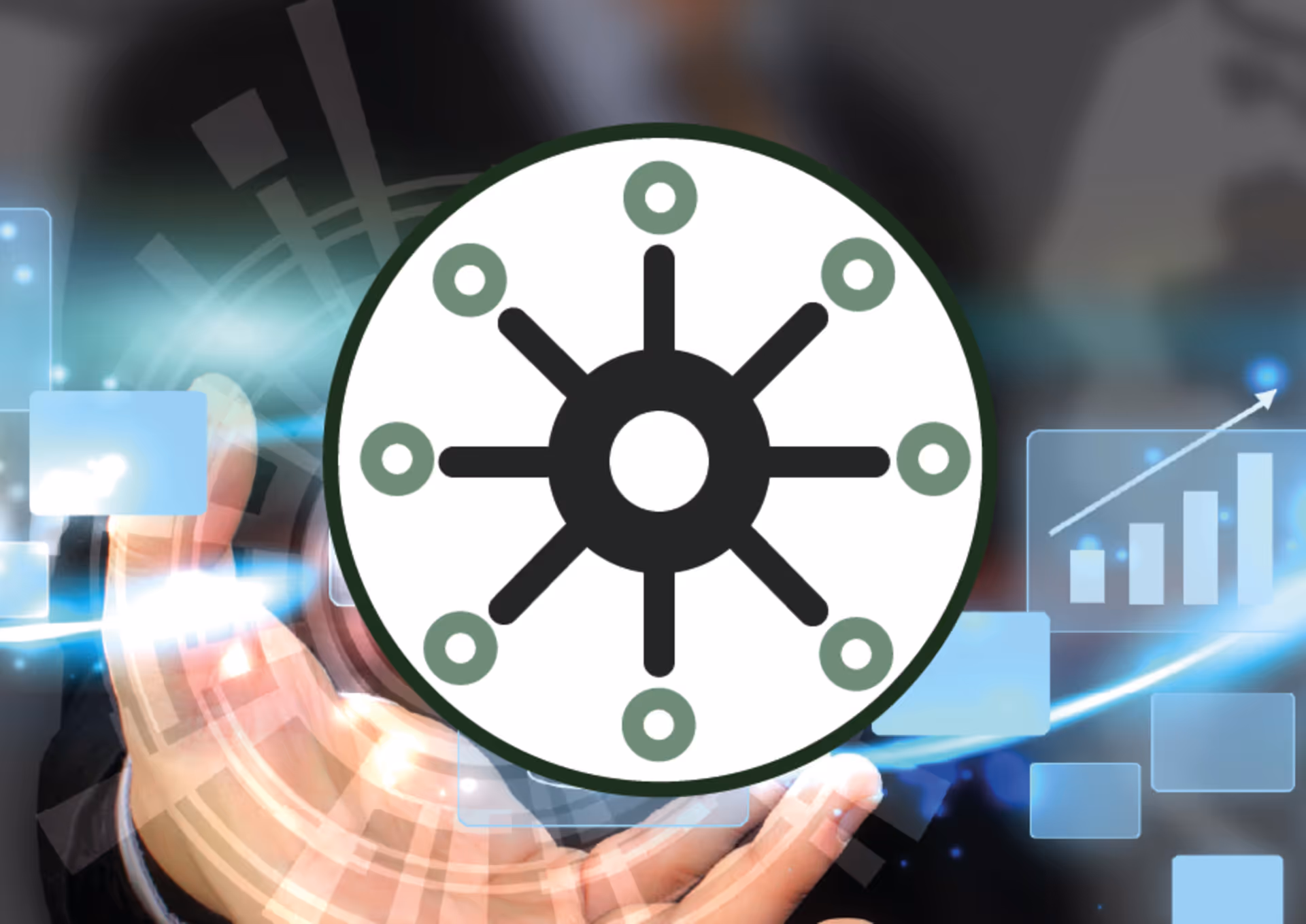 Hand interacting with a network or connectivity icon surrounded by digital interface elements and a rising bar graph.