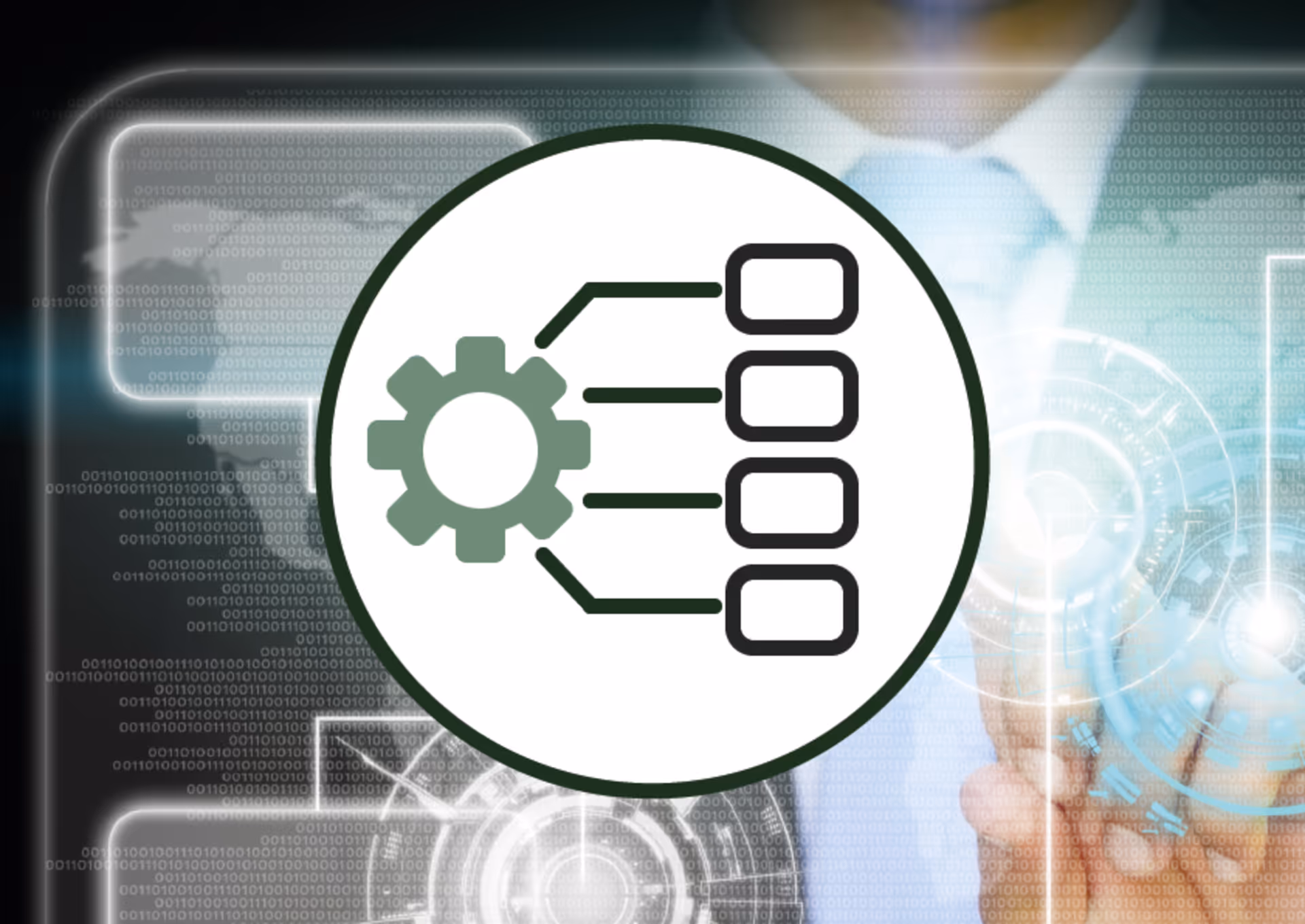 Illustration of a gear connected to four rectangles, symbolizing a network or process flow, overlaid on a futuristic digital interface background with a person pointing.