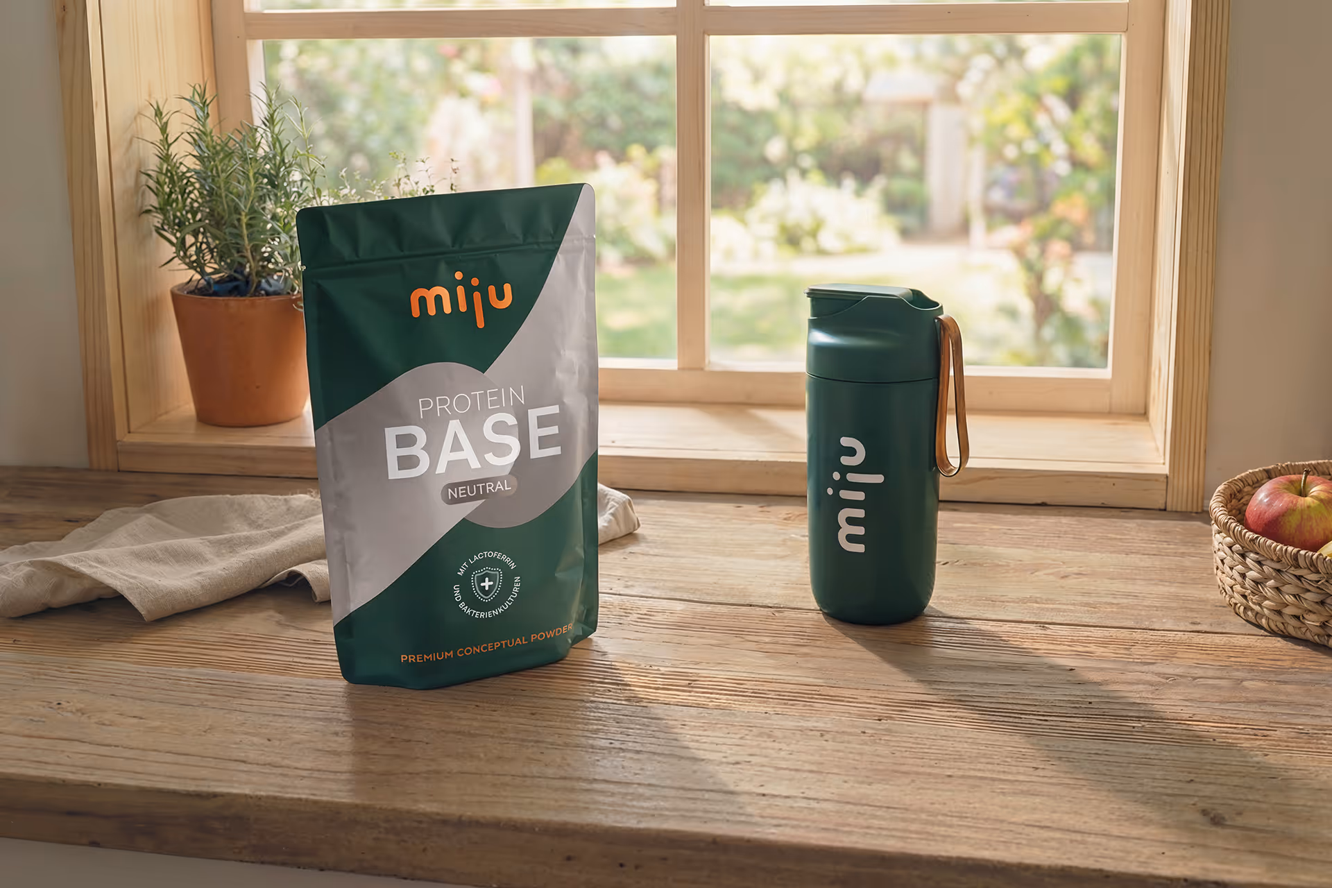 Grüne Verpackung mit der Aufschrift „miju Protein Base Neutral“ neben grünem Trinkbecher mit „miju“-Logo auf hölzernem Tisch vor Fenster.