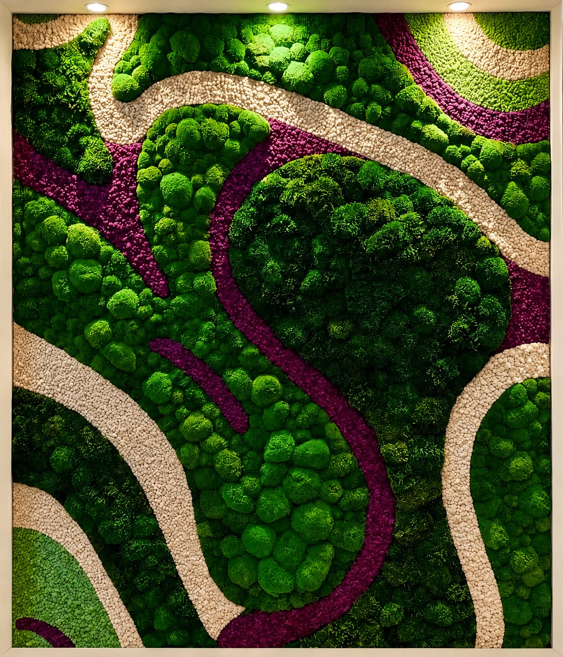 Finished preserved moss wall composed from multiple botanical species