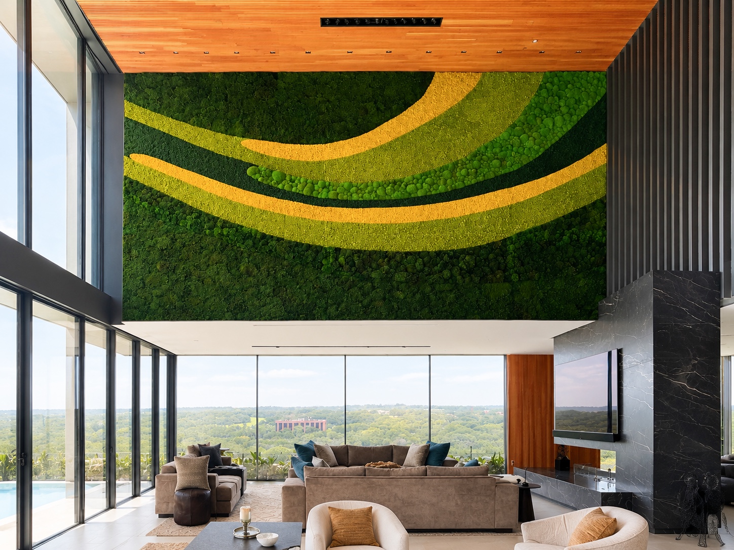Sculptural preserved moss feature wall with flowing green and gold bands in a modern living space with floor-to-ceiling windows