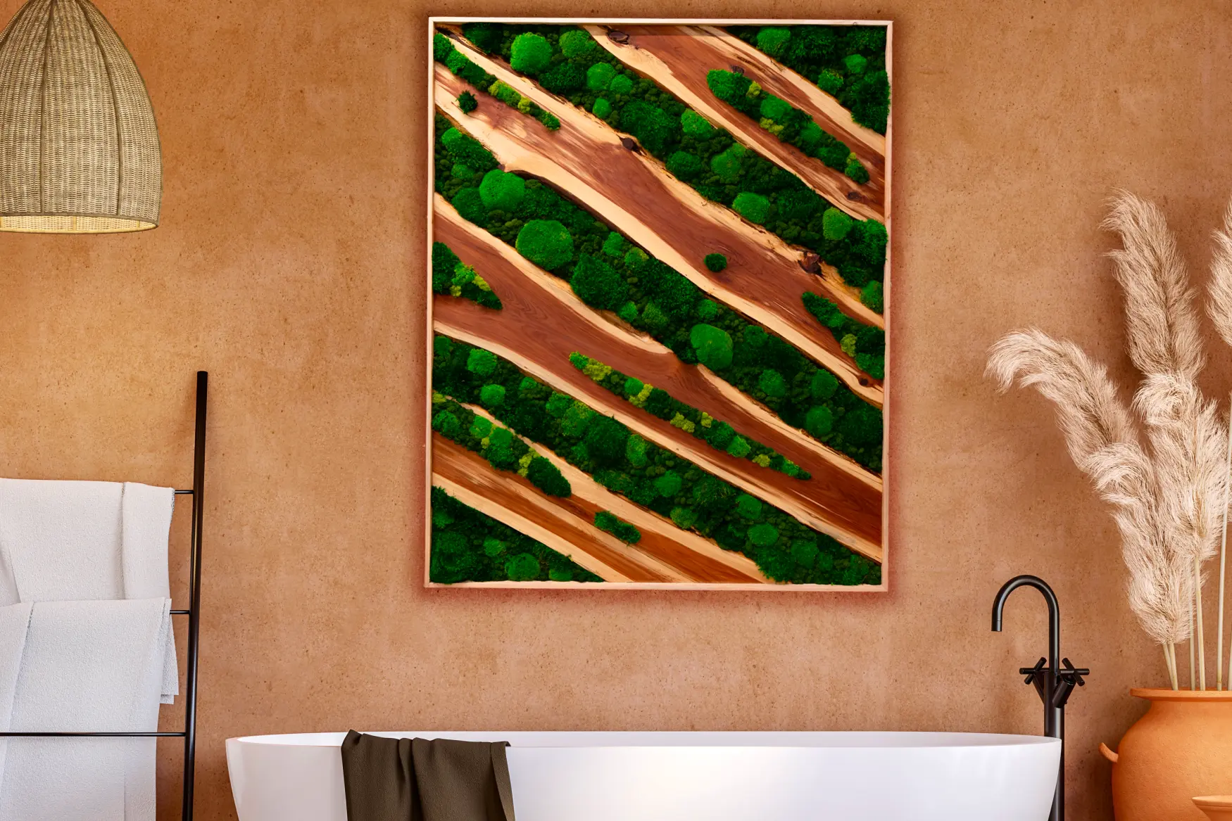 Spa feature wall of preserved moss with live-edge Texas cedar