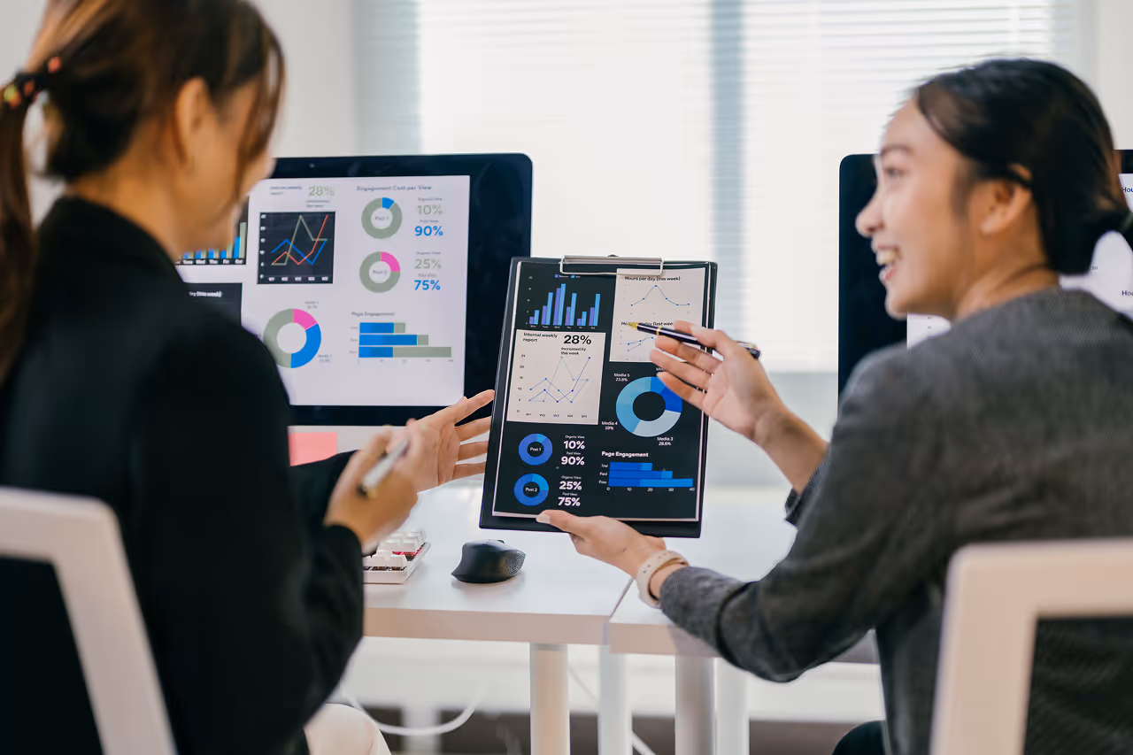 Két üzleti nő adatokat és diagramokat vizsgál egy táblára tűzve, miközben számítógépes képernyőkön grafikonok láthatók.