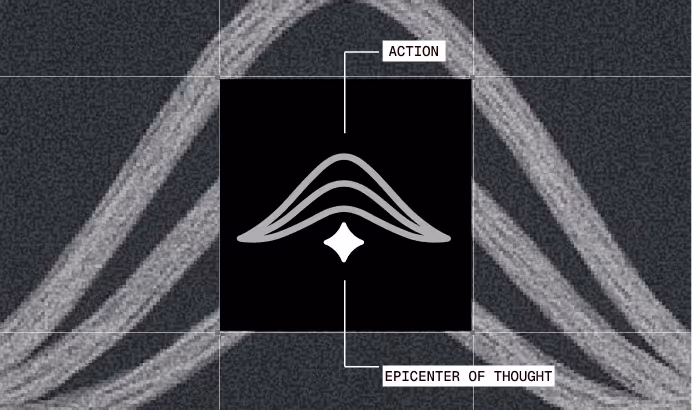 Diagram with abstract shapes labeled 'Action' and 'Epicenter of Thought' on a textured gray background.