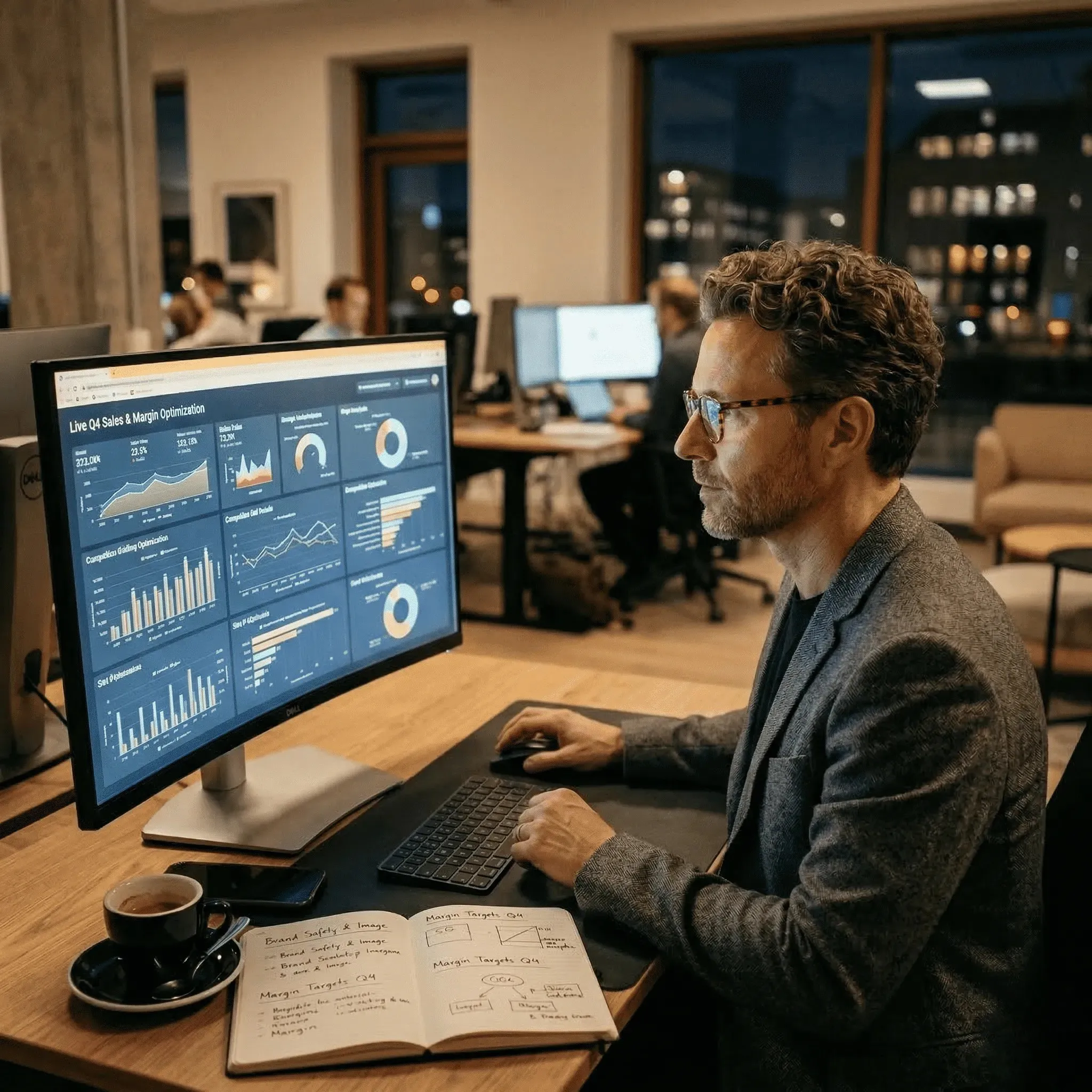 Man with glasses working on financial data dashboards on a curved monitor in an office at night.