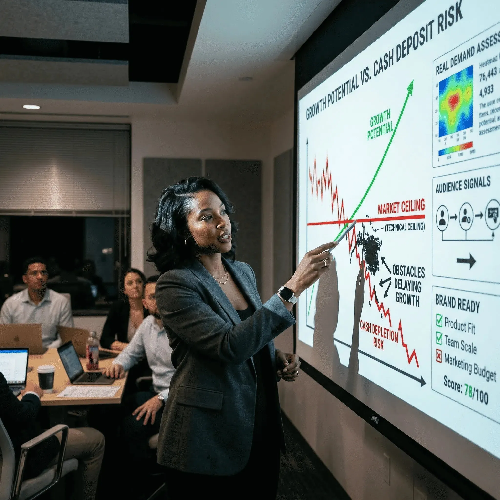 Businesswoman pointing to a presentation slide showing growth potential versus cash deposit risk with charts and data to a meeting audience.