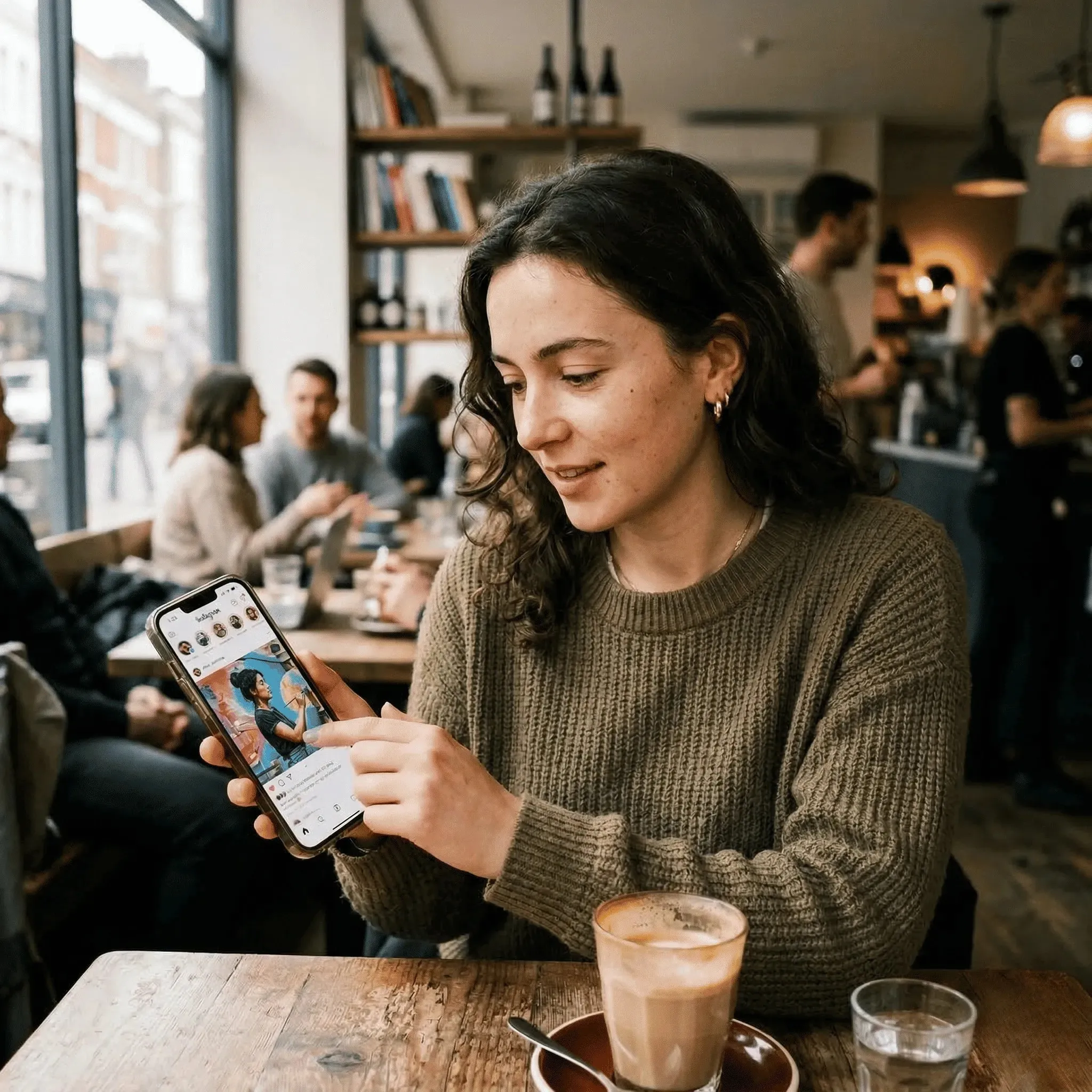 Woman in a cozy sweater sitting at a café table looking at an Instagram photo on her smartphone, with coffee and a glass of water on the table.