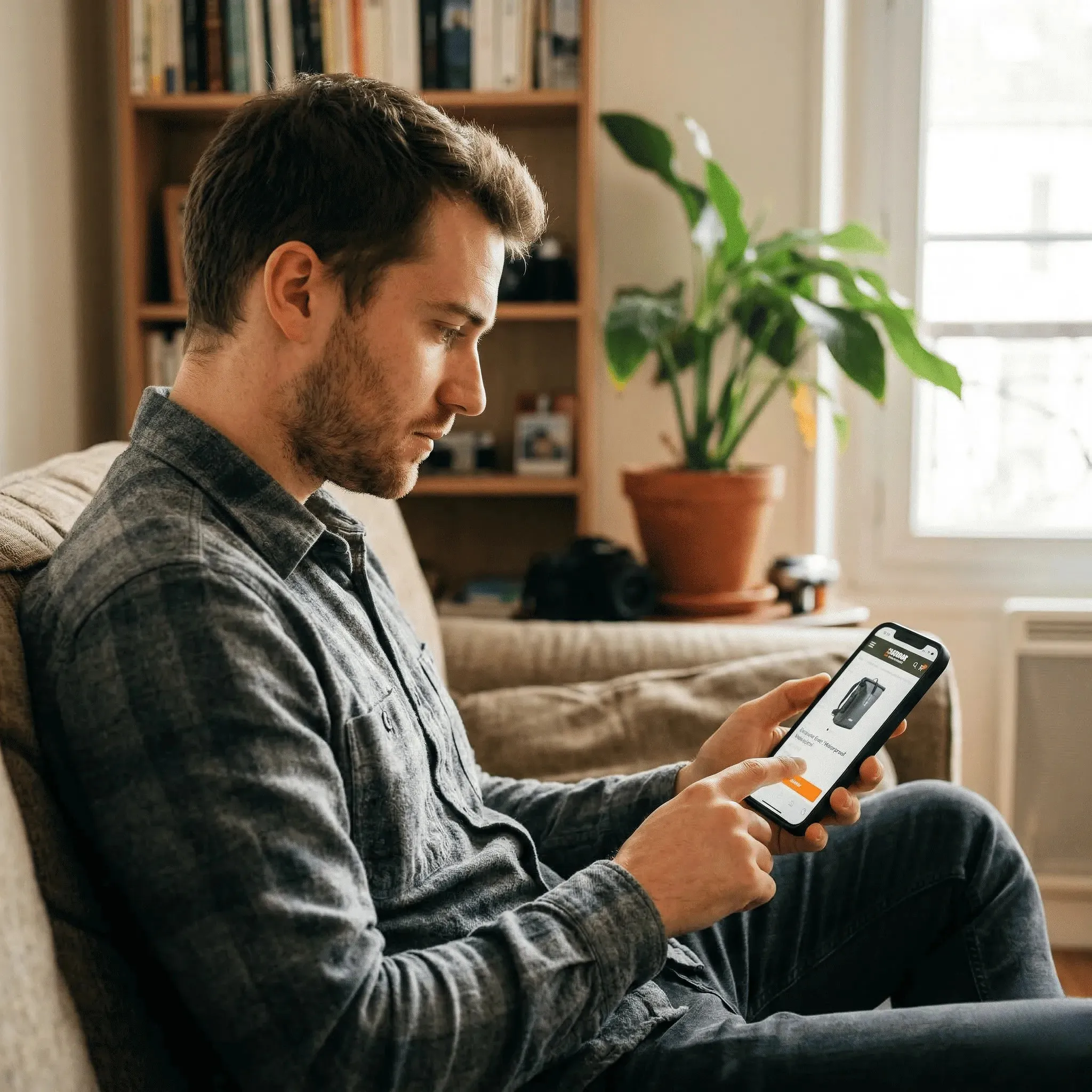 Man sitting on a sofa using a smartphone to browse a backpack shopping page.