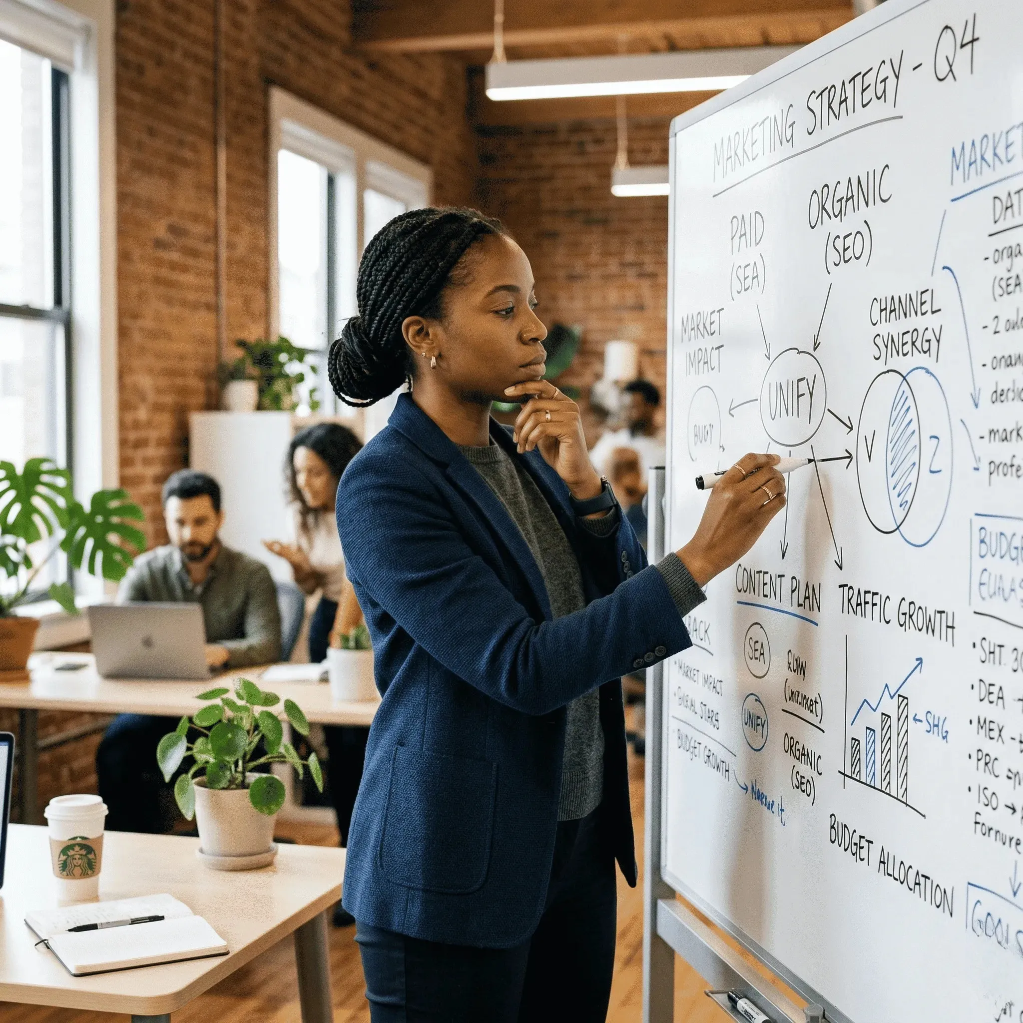 Woman in a blue blazer writing on a whiteboard with marketing strategy notes in a modern office.