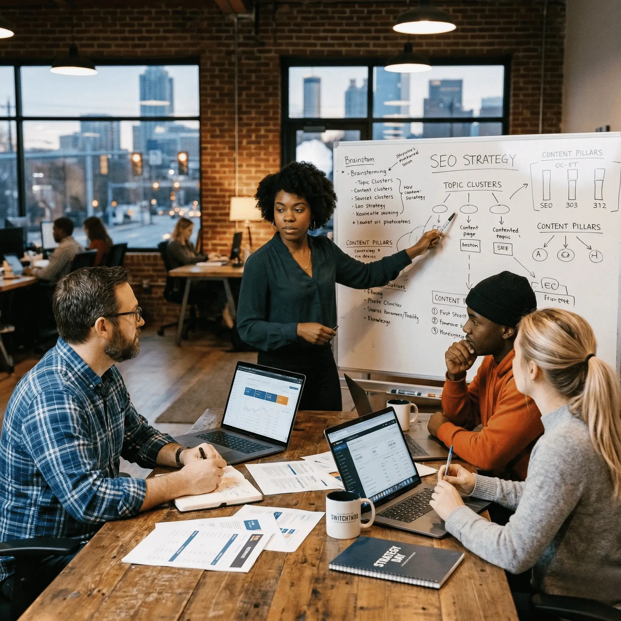 A woman presents SEO strategy on a whiteboard to three colleagues seated at a table with laptops and documents in a modern office.