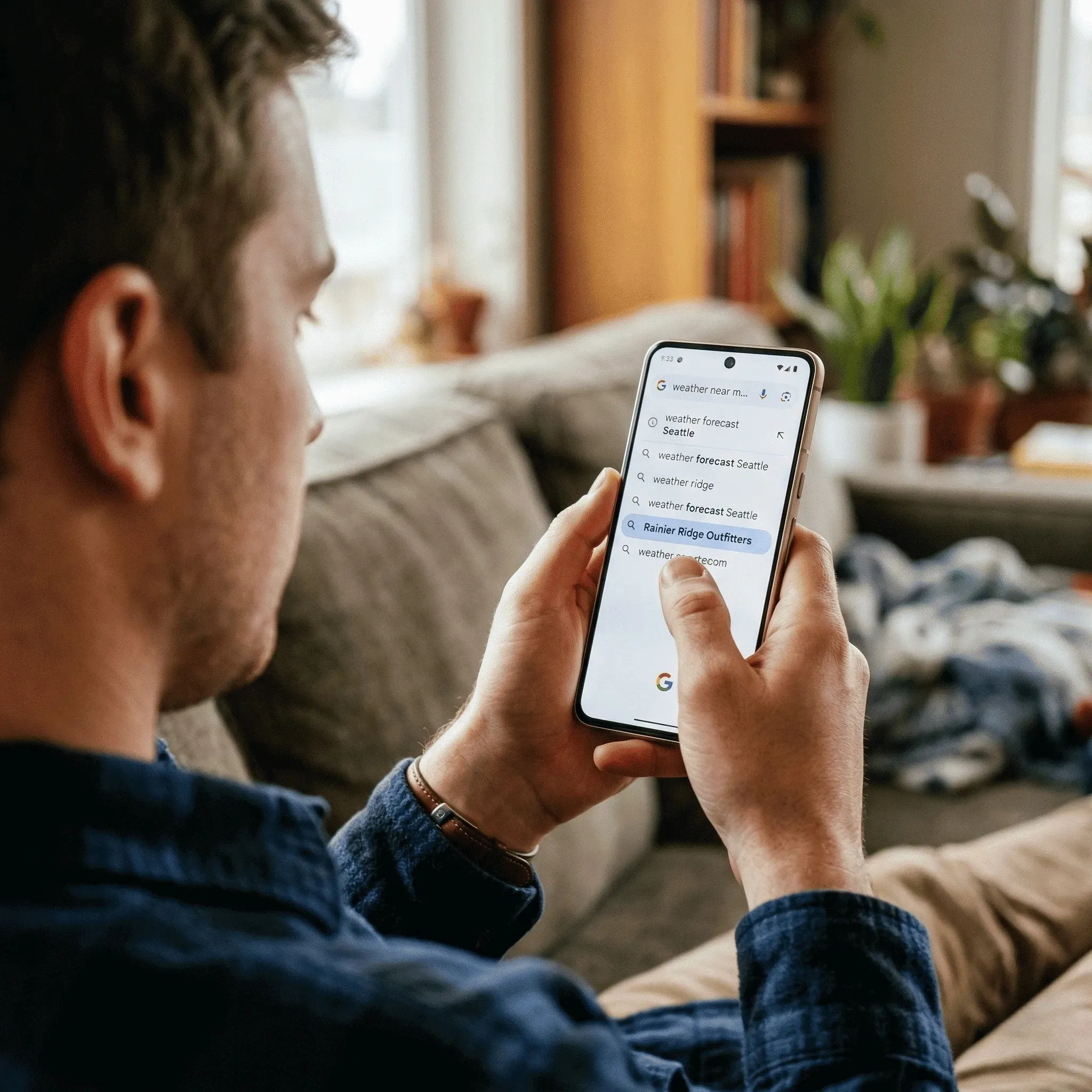 Man sitting on a couch holding a smartphone displaying Google search suggestions related to weather and Rainier Ridge Outfitters.