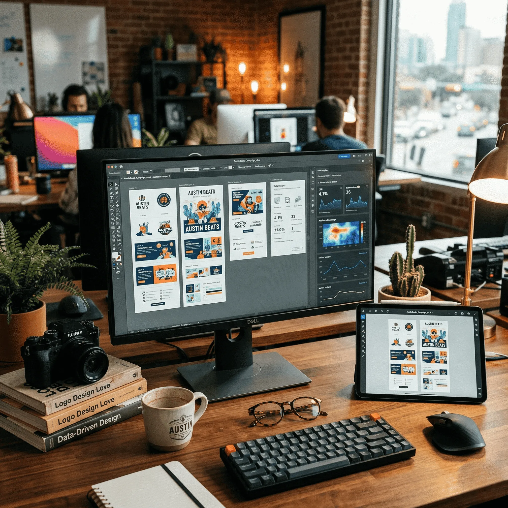 Desk setup with a Dell monitor and tablet displaying Austin Beats design layouts, a keyboard, mouse, glasses, coffee cup, and camera in a creative office space.